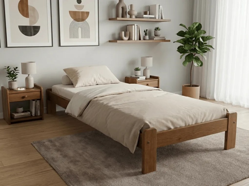 Pat de o persoana ADA 80x200 cm stejar Saltele: Cu saltele Deluxe 10 cm, Somiera pat: Cu lamele drepte