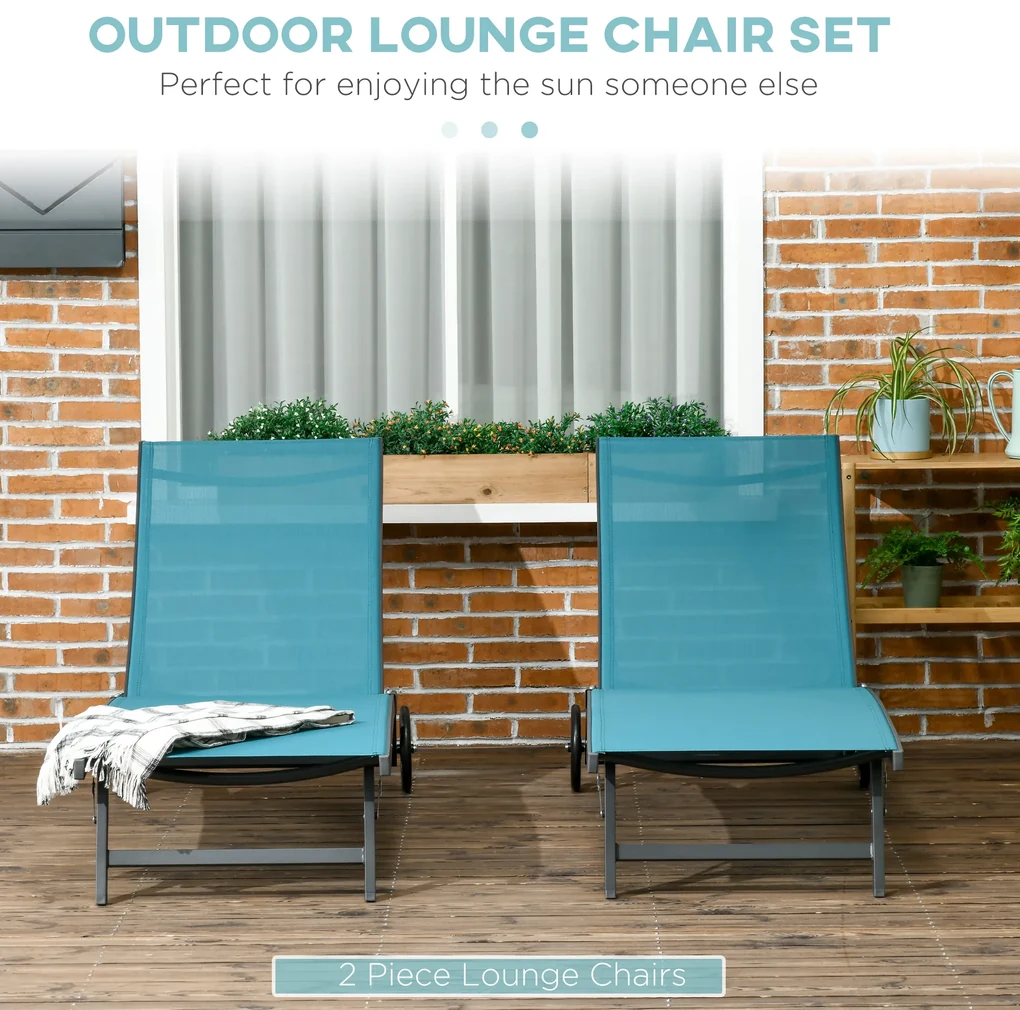 Outsunny Set de 2 Șezlonguri Rabatabile pe 5 Niveluri, Șezlonguri din Aluminiu și Țesătură Respirabilă, 66x165x102 cm, Albastru | Aosom Romania