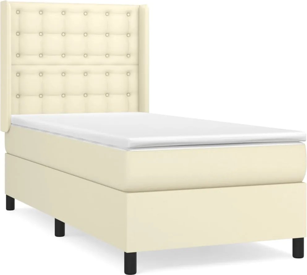 vidaXL Pat box spring cu saltea, crem, 100x200 cm, piele ecologică
