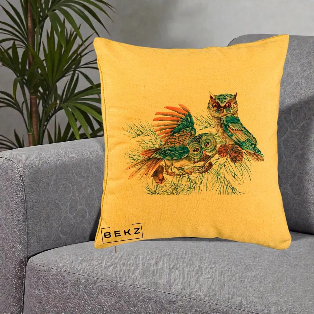 Perna Decorativa Bufnite de Iarna Albastre, 40x40 cm, Galben, Husa Detasabila, Perna Inclusa, BEKZ®
