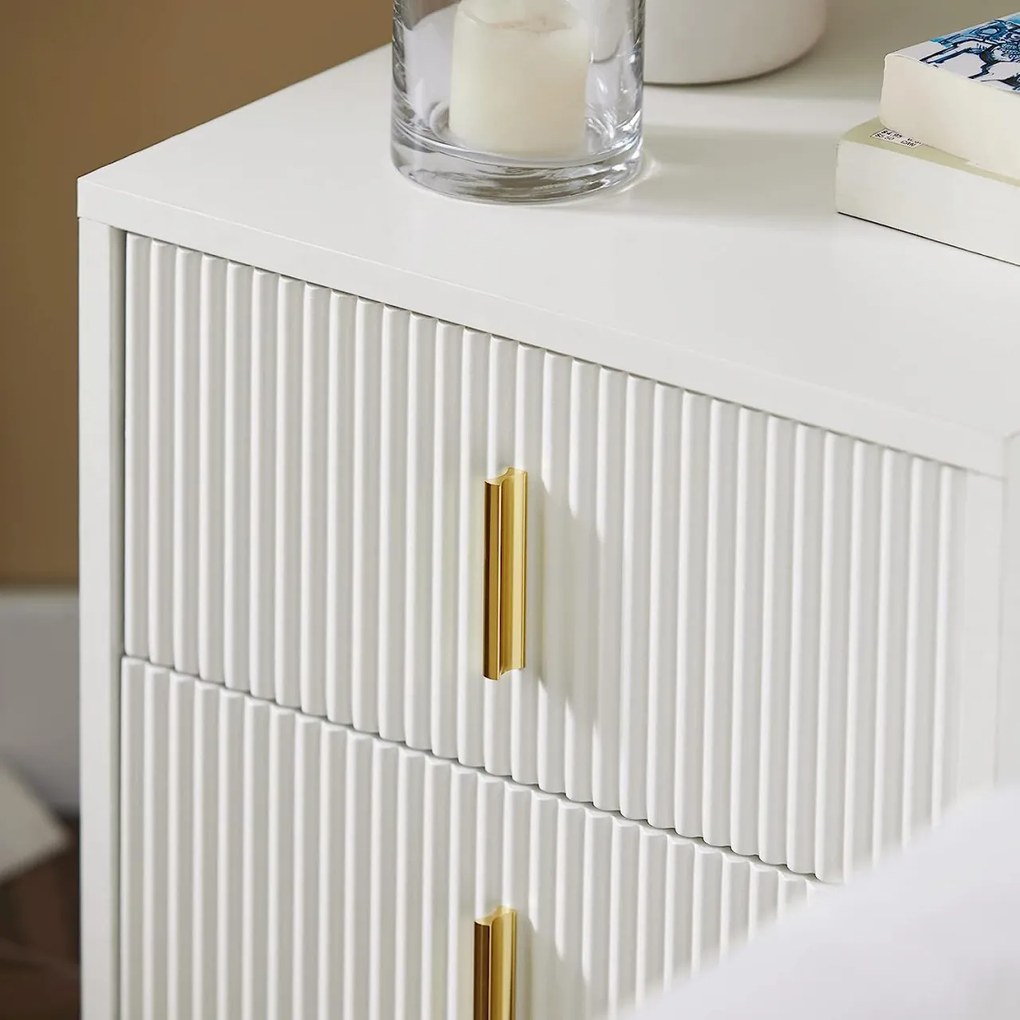 NOA29 - Set 2x Noptiere albe 40x40x47 cm, riflaje, cu sau fara Priza, cu 2 sertare, dormitor - Alb-Auriu