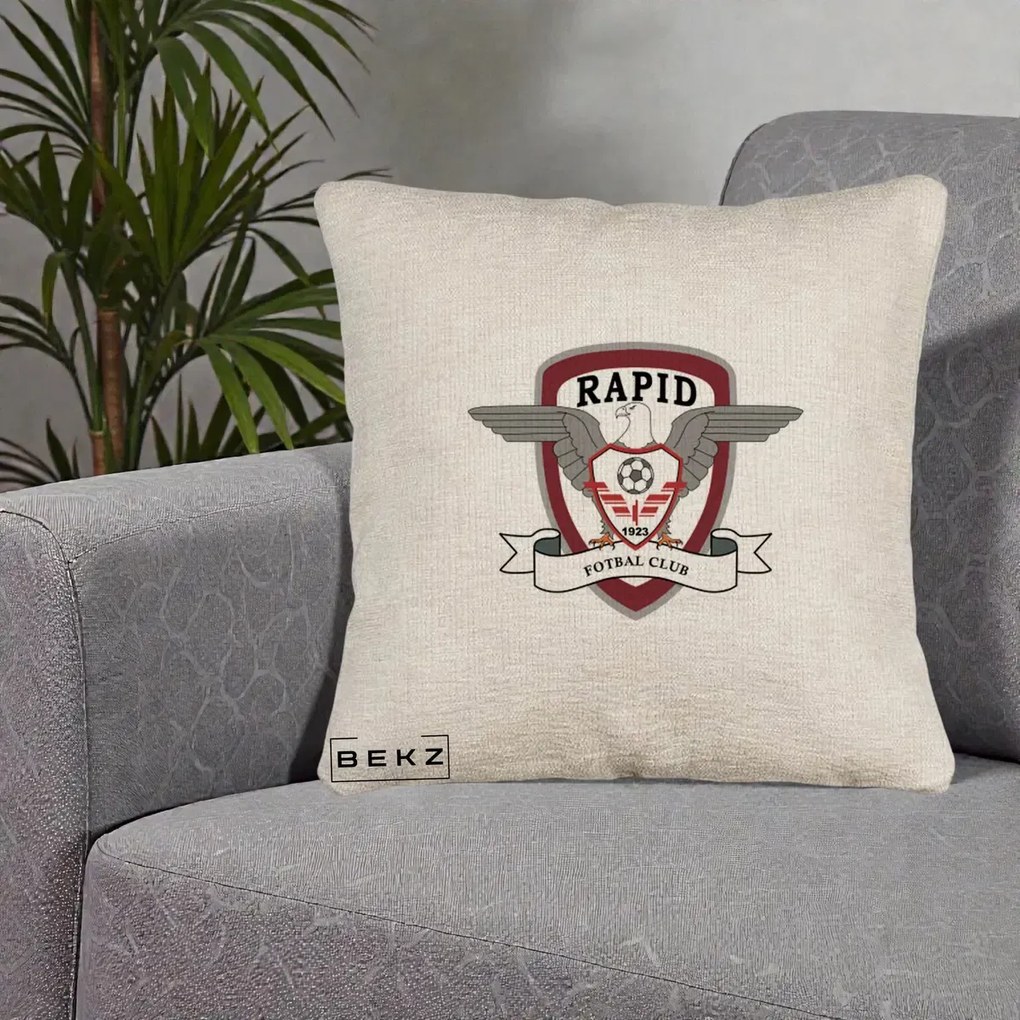 Perna Personalizata Rapid Fotbal Club 1923, 40x40 cm, Bej Canapea, Husa Detasabila, Perna Inclusa, BEKZ®