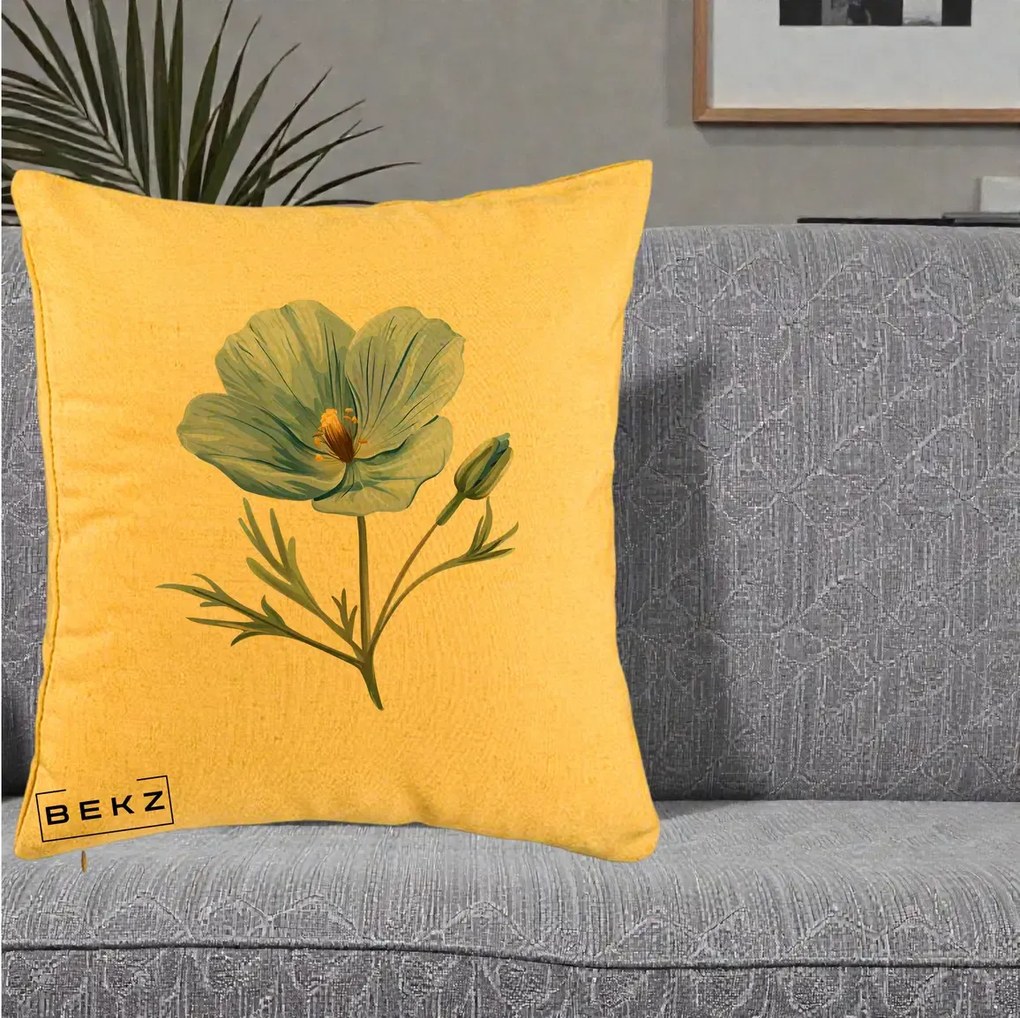 Perna Decorativa Mac Albastru Acuarela, 40x40 cm, Galben, Husa Detasabila, Perna Inclusa, BEKZ®