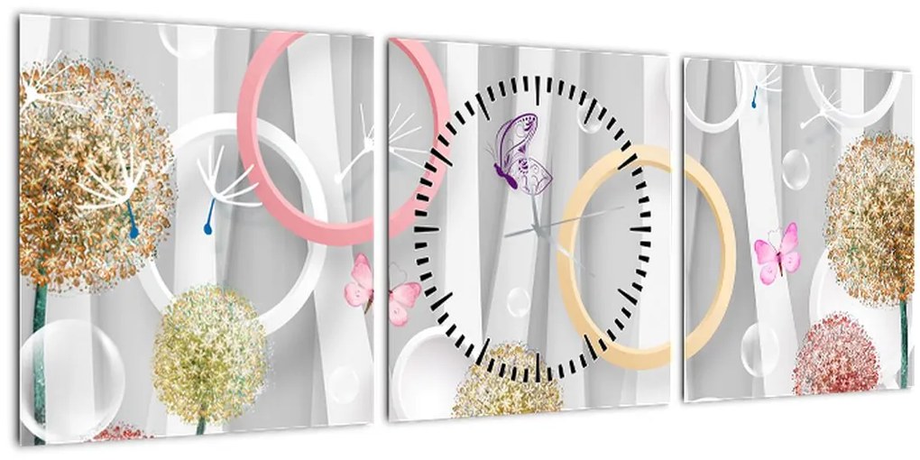 Tablou abstract cu păpădii (cu ceas) (90x30 cm)