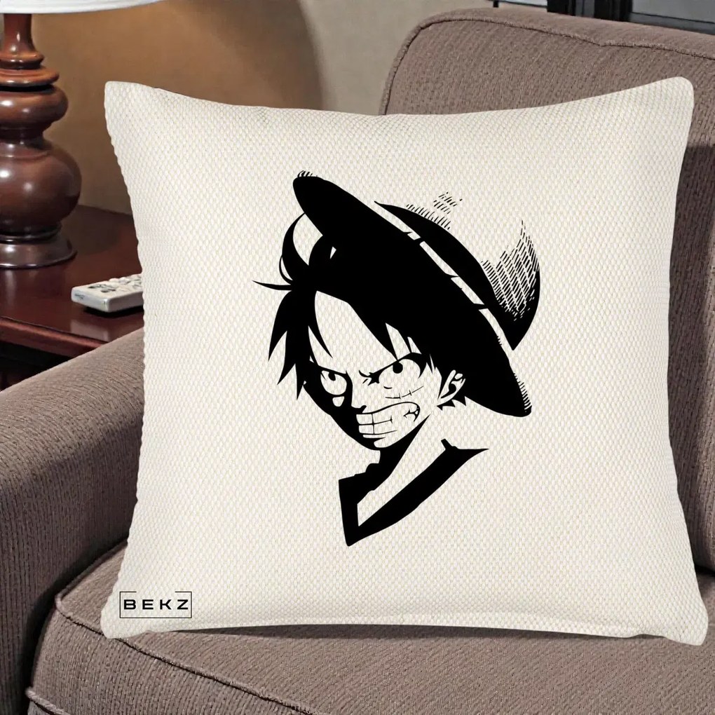 Perna Personalizata One Piece Luffy Silueta Alb-Negru, 40x40 cm, Crem Reliefat, Husa Detasabila, Perna Inclusa, BEKZ®