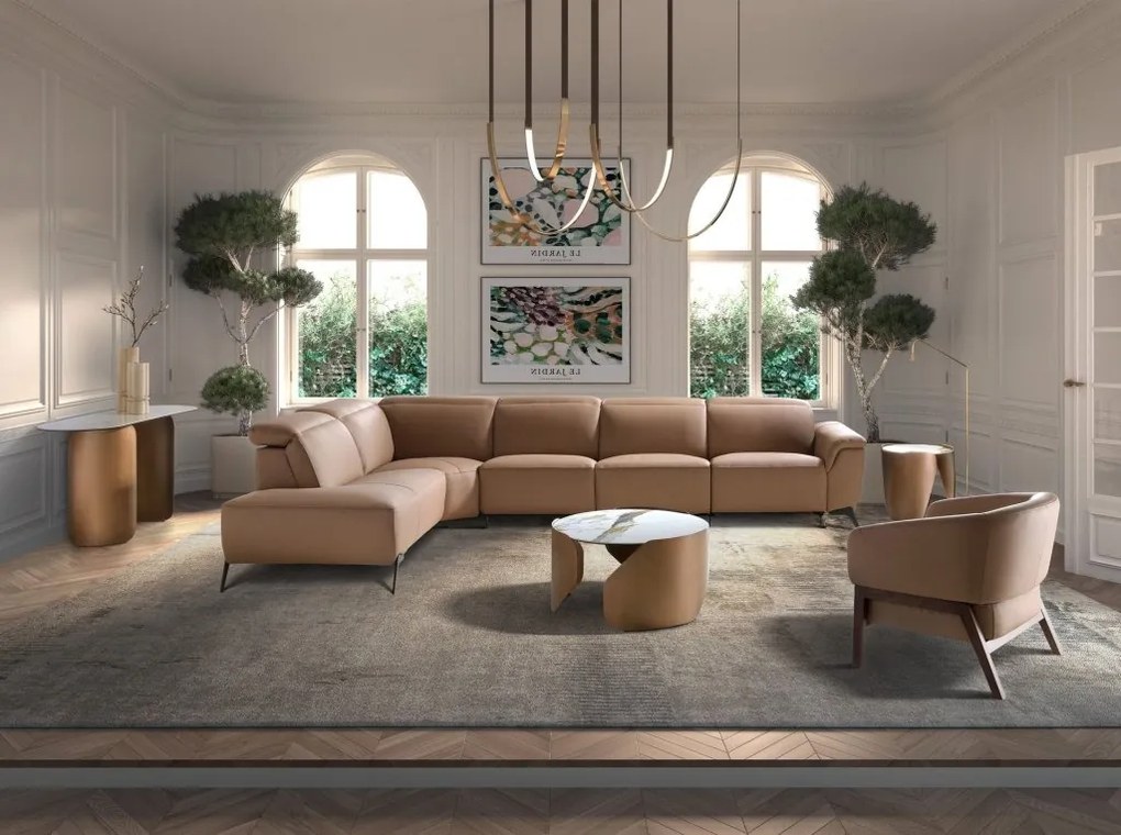 Coltar modular LUX design italian cu sezlong stanga Piele Naturala, Brown