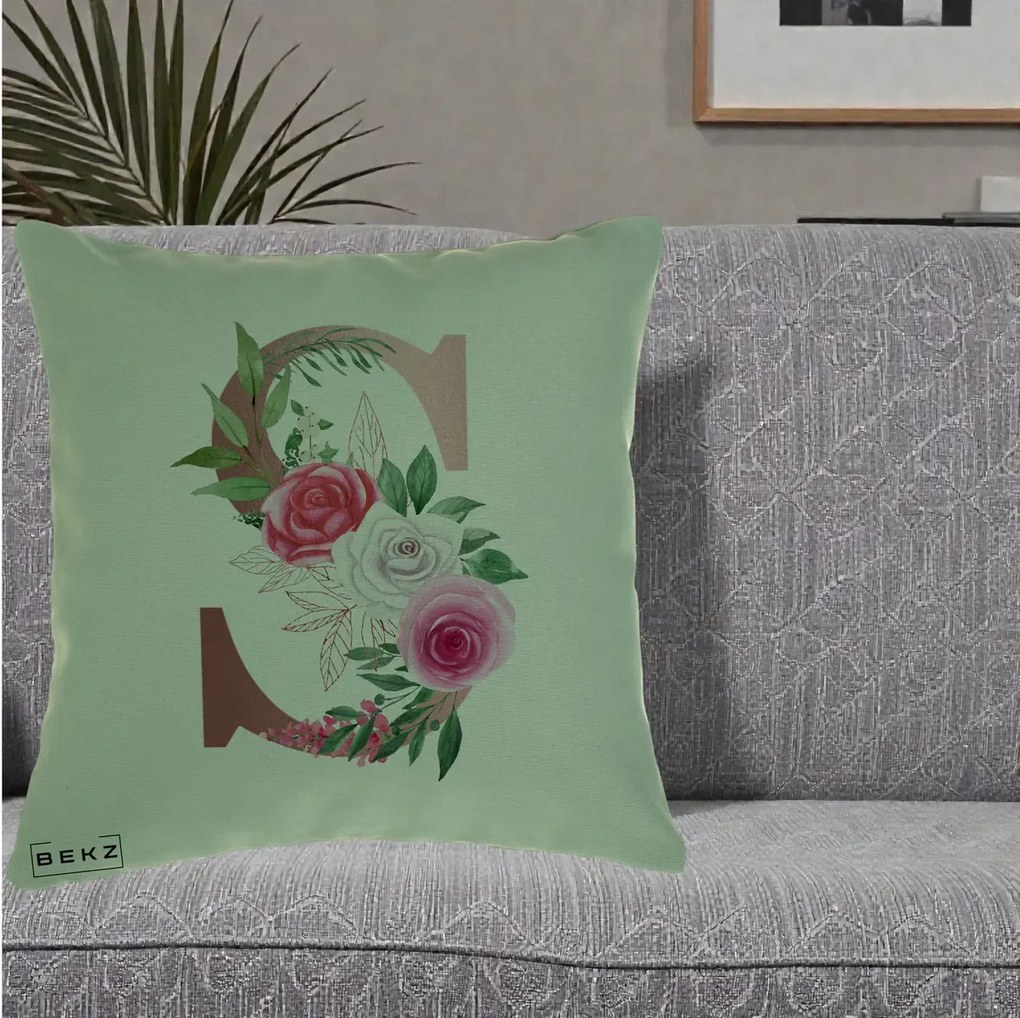 Cadou Personalizat - Perna Personalizata Monograma Rose Gold Litera S, 40x40 cm, Verde, Husa Detasabila, Perna Inclusa, BEKZ®