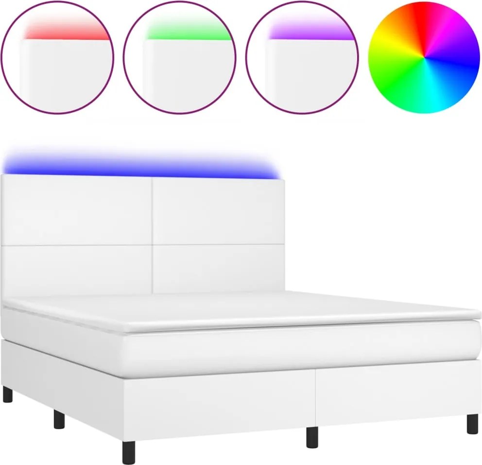 vidaXL Pat cu arcuri, saltea și LED, alb, 160x200 cm, piele ecologică