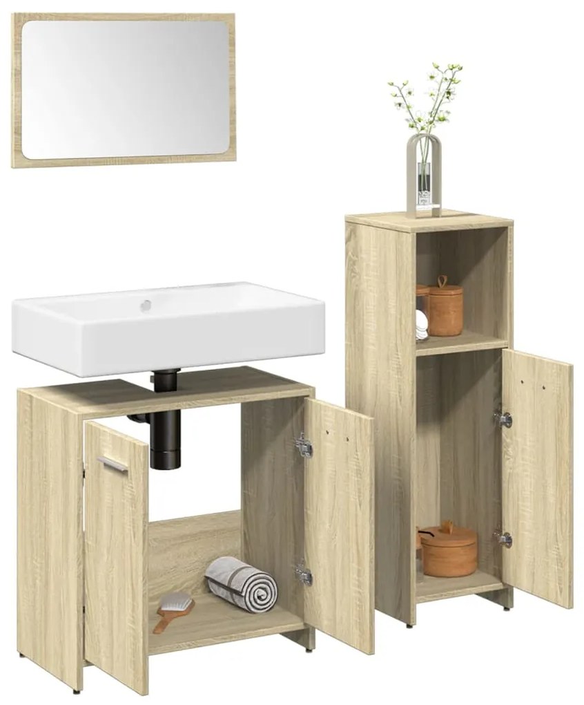 3324972 vidaXL Set mobilier de baie, 3 piese, stejar sonoma, lemn prelucrat