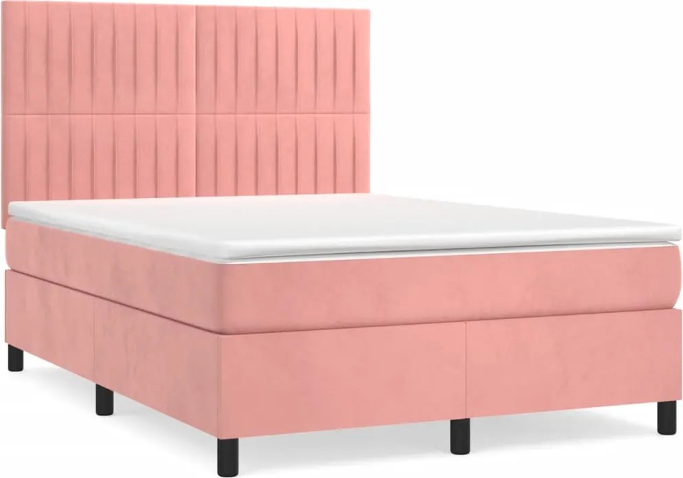 vidaXL Pat box spring cu saltea, roz, 140x200 cm, catifea