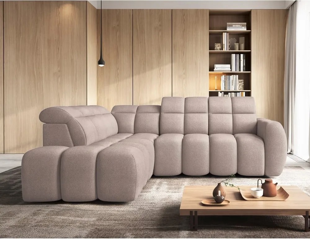 Colțar maro deschis extensibil/cu spațiu de depozitare cu tapițerie din țesătură bouclé (cu colț pe partea stângă/în formă de ”L”) Falconn – ELTAP