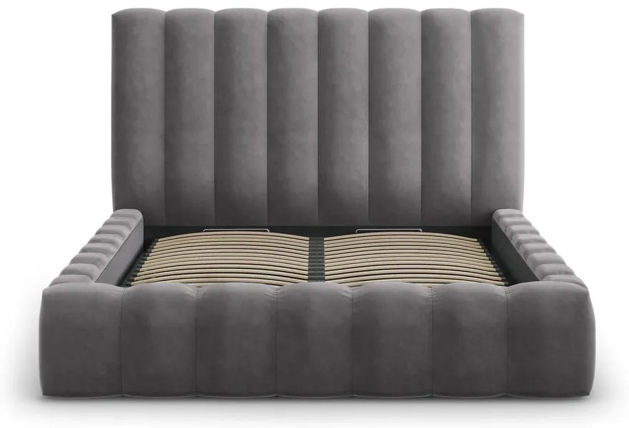 Pat dublu 160x200 cm gri tapițat cu spațiu de depozitare și somieră Kelp – Micadoni Home