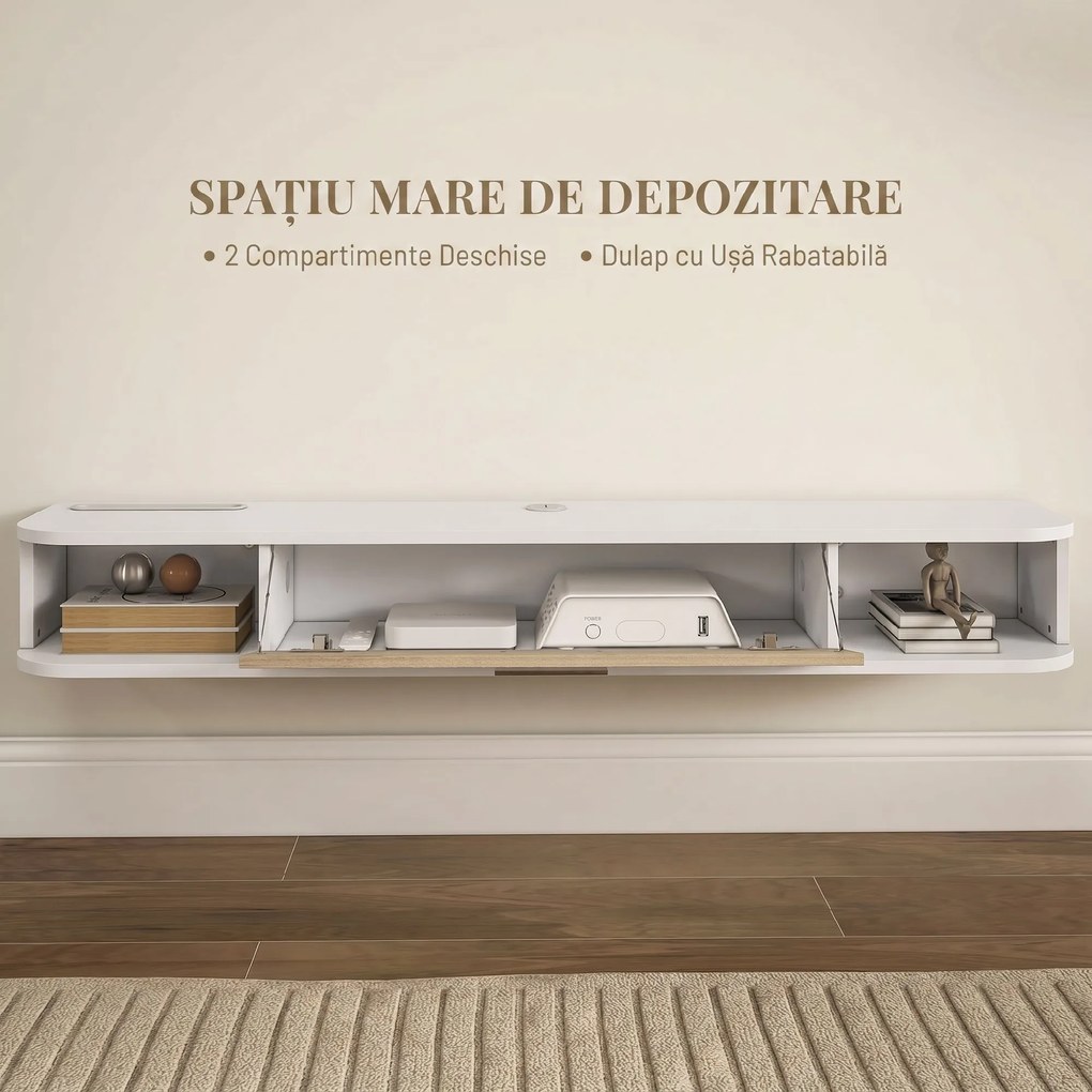HOMCOM，Suport TV，Cu 2 Rafturi Deschise și Dulap cu Ușă Rabatabilă，MDF，120cm x 26cm x 16cm，Alb, gri | Aosom Romania