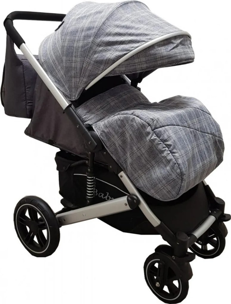 Carucior nou nascuti 2 in 1 BABY CARE™ PRO 512, Cu geanta bebe inclusa, Suspensii, Cadru aluminiu Silver, Plasa insecte, Gri cu Carouri