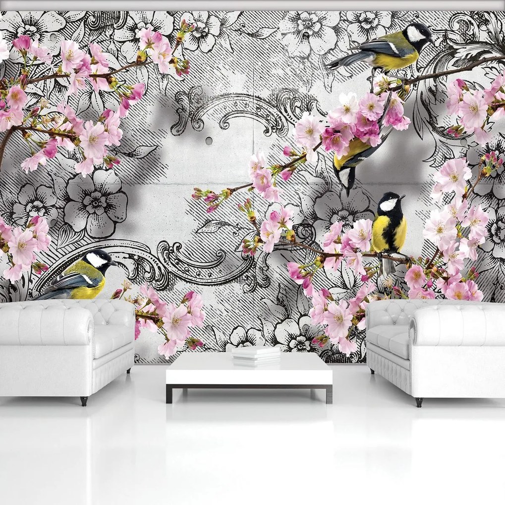 Fototapet - Pițigoi între flori (254x184 cm)