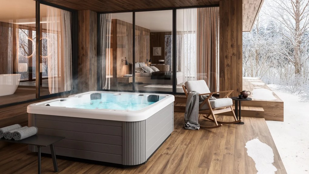 Minipiscina alb lucios, Glass Eascape 19 , sistem stereo, 6 locuri, cromoterapie 195   195 cm