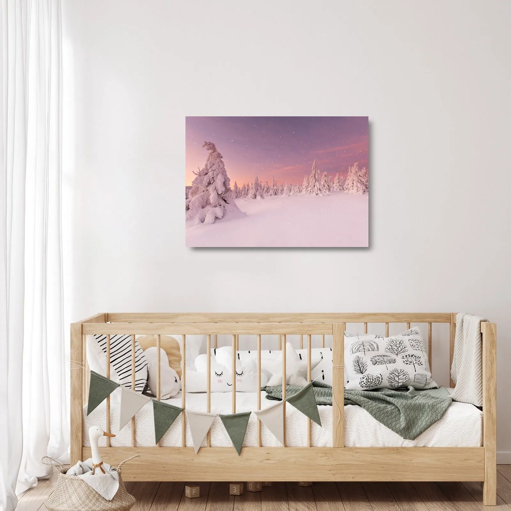 Tablou pe sticlă - Copaci sub așternut de zăpadă (70x50 cm)