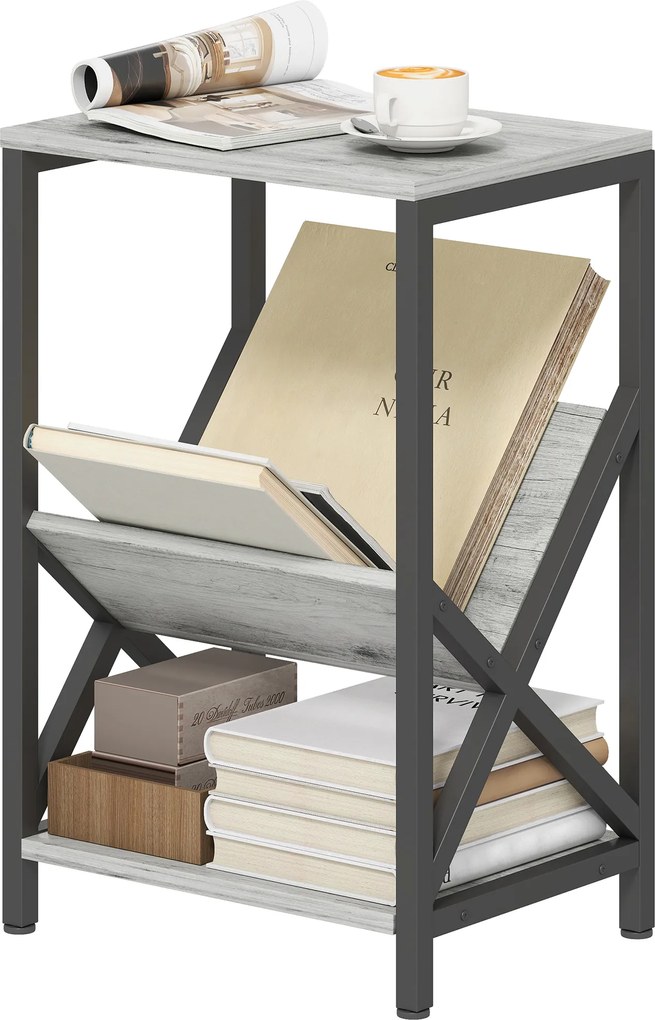HOMCOM Masă laterală îngustă, măsuță de lângă canapea cu depozitare pe 3 nivele, suport pentru reviste în V, cadru din oțel, 40x30x61cm, gri închis | Aosom Romania
