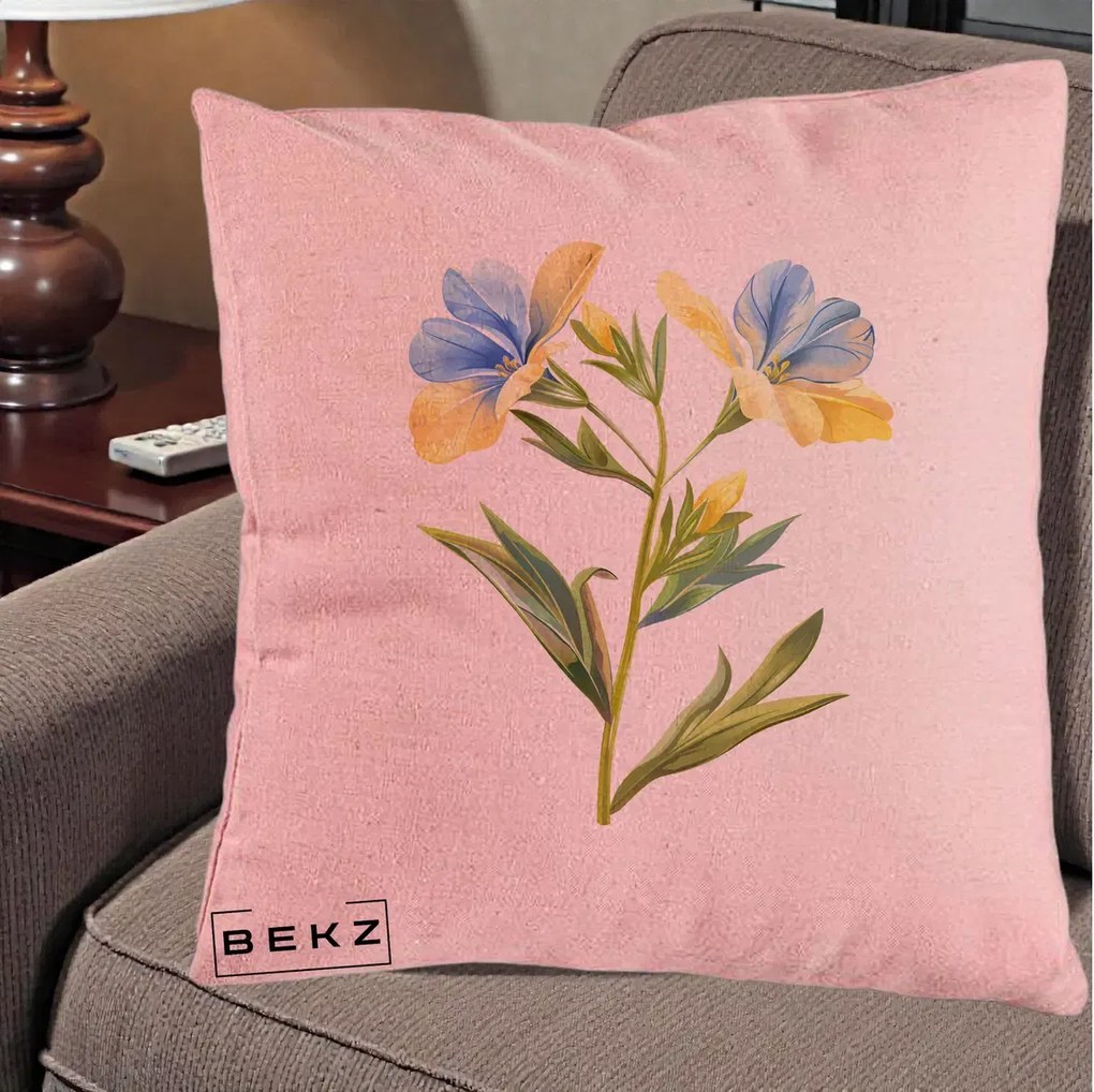 Perna Decorativa Botanica Frezie Galbena si Albastra, 40x40 cm, Roz, Husa Detasabila, Perna Inclusa, BEKZ®