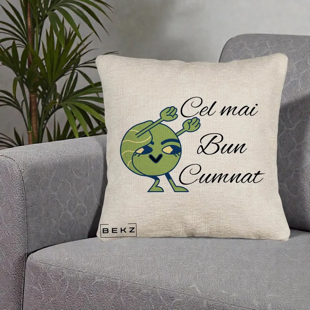 Cadou pentru Cumnat - Perna Personalizata Cel mai Bun Cumnat cu Personaj Funny Verde, 40x40 cm, Bej Canapea, Husa Detasabila, Perna Inclusa, BEKZ®