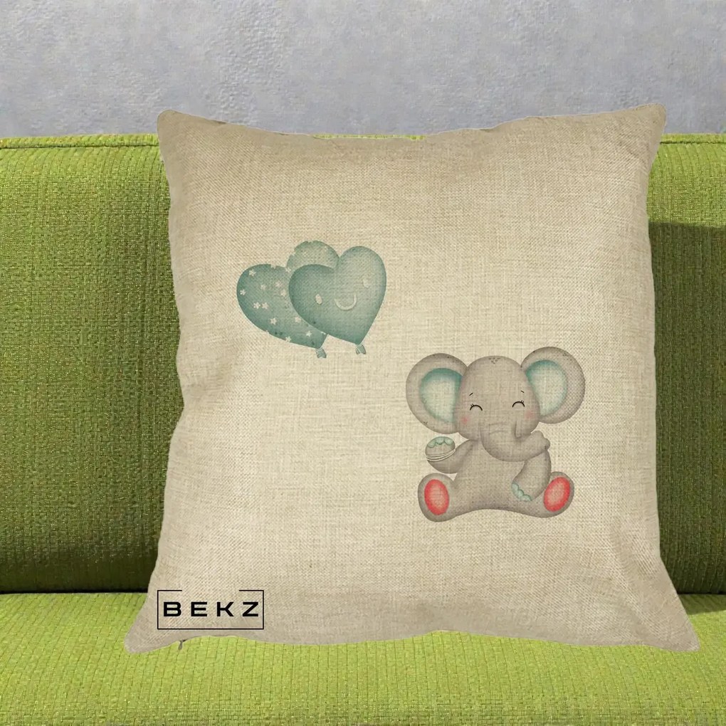 Perna Decorativa Elefant si baloane in forma de inimioare, 40x40 cm, Crem, Husa Detasabila, Perna Inclusa, BEKZ®