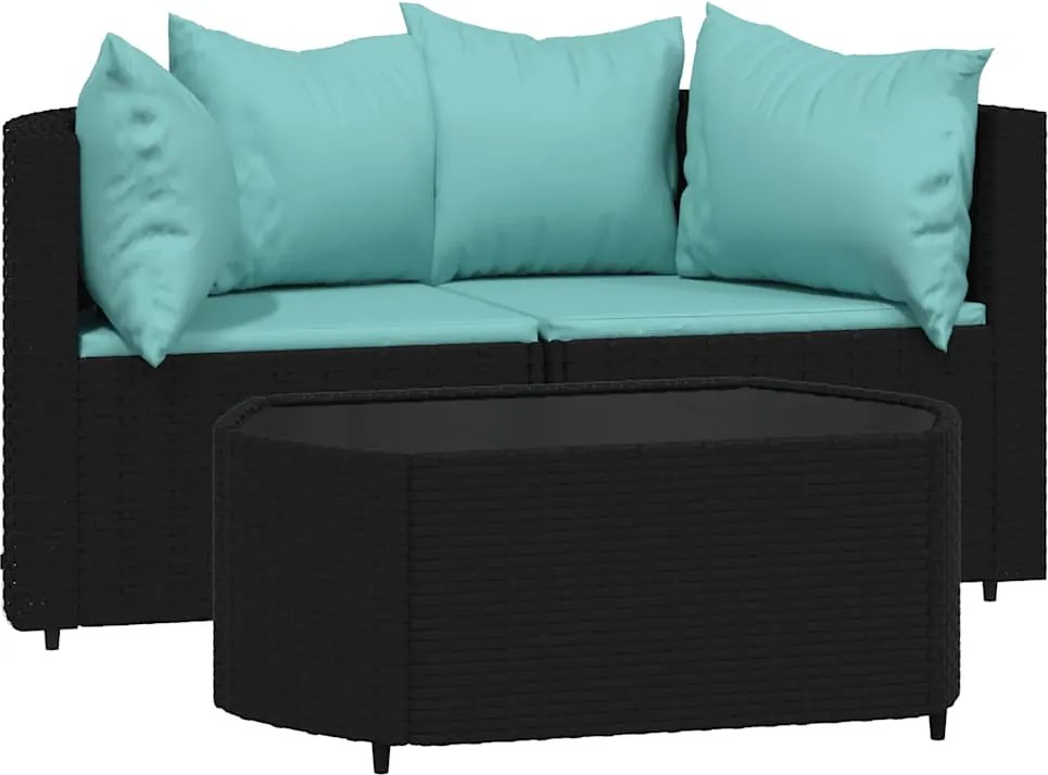 vidaXL Set mobilier de grădină cu perne, 3 piese, negru, poliratan