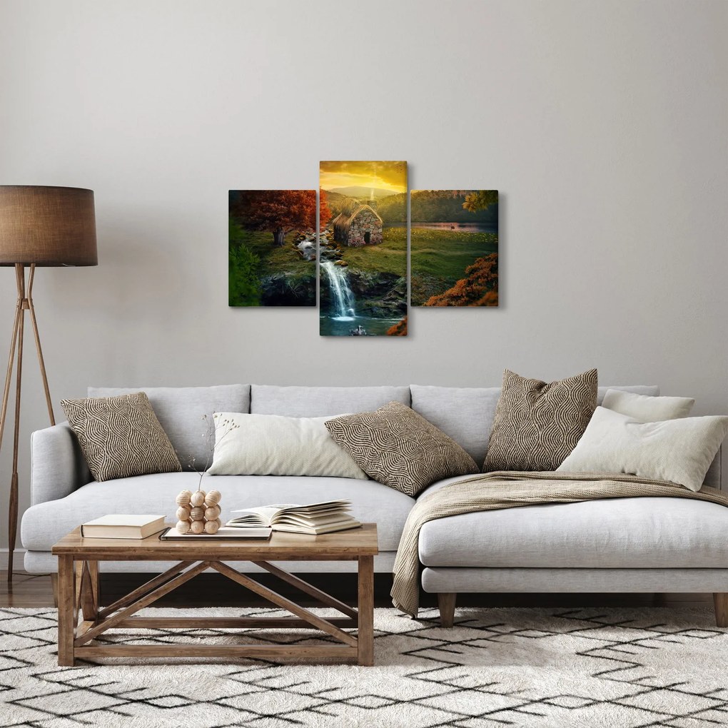 Tablou cu căbănuță în peisaj de poveste (90x60 cm)