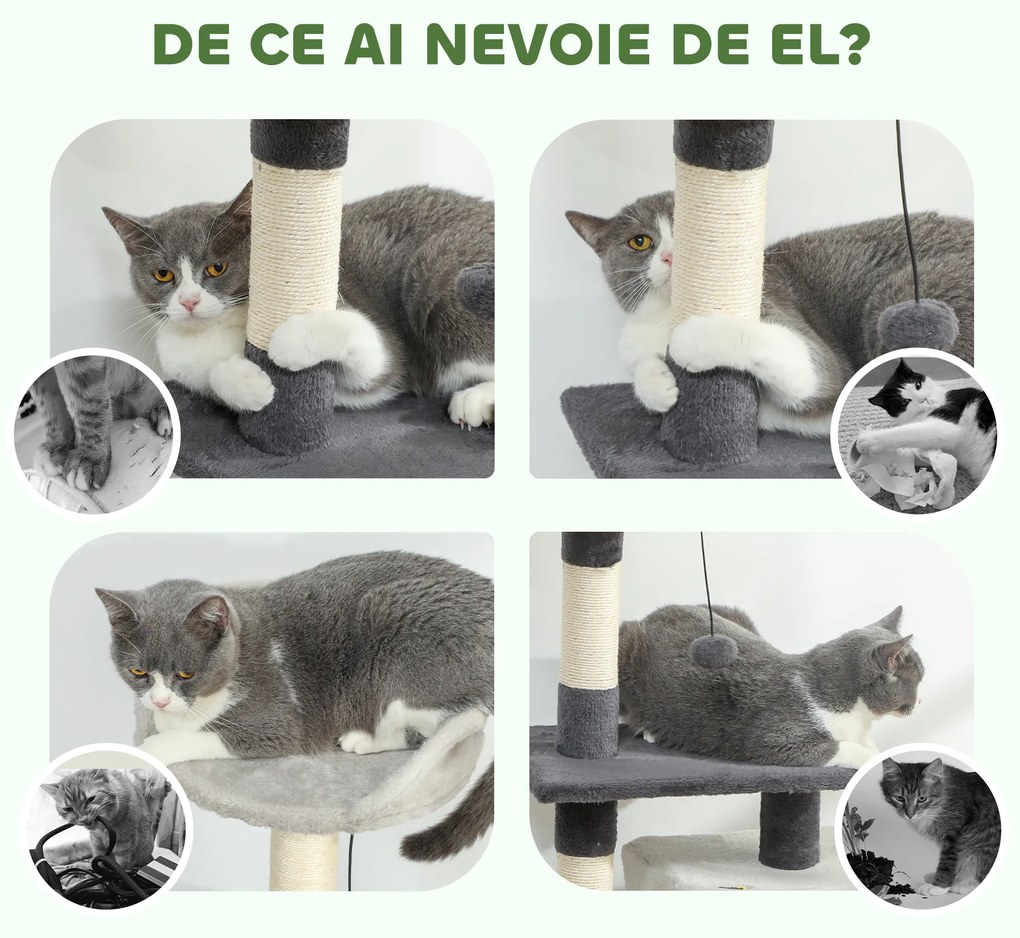 PawHut Ansamblu de joacă pentru pisici cu căsuță, Culcuș, Stâlpi și Covor, 85cm, Gri | Aosom Romania