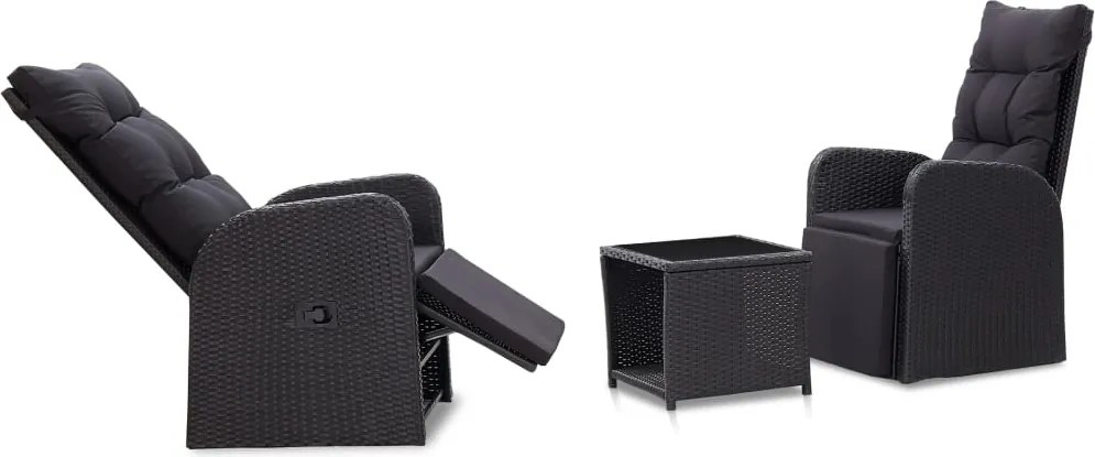 vidaXL Set mobilier de bistro cu perne, 3 piese, negru, poliratan