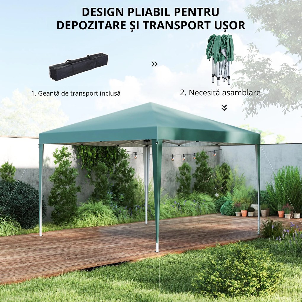Outsunny Pavilion Pliabil Verde cu Structură din Oțel și Acoperiș din Tesatura Oxford, 3x3m, Rezistent la Apă și Soare | Aosom Romania
