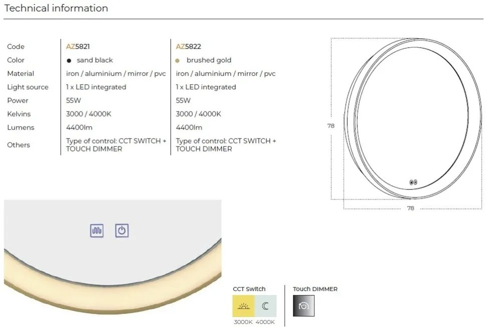 Oglinda baie cu iluminat LED IP44 SERGIO 80 CCT SWITCH BK