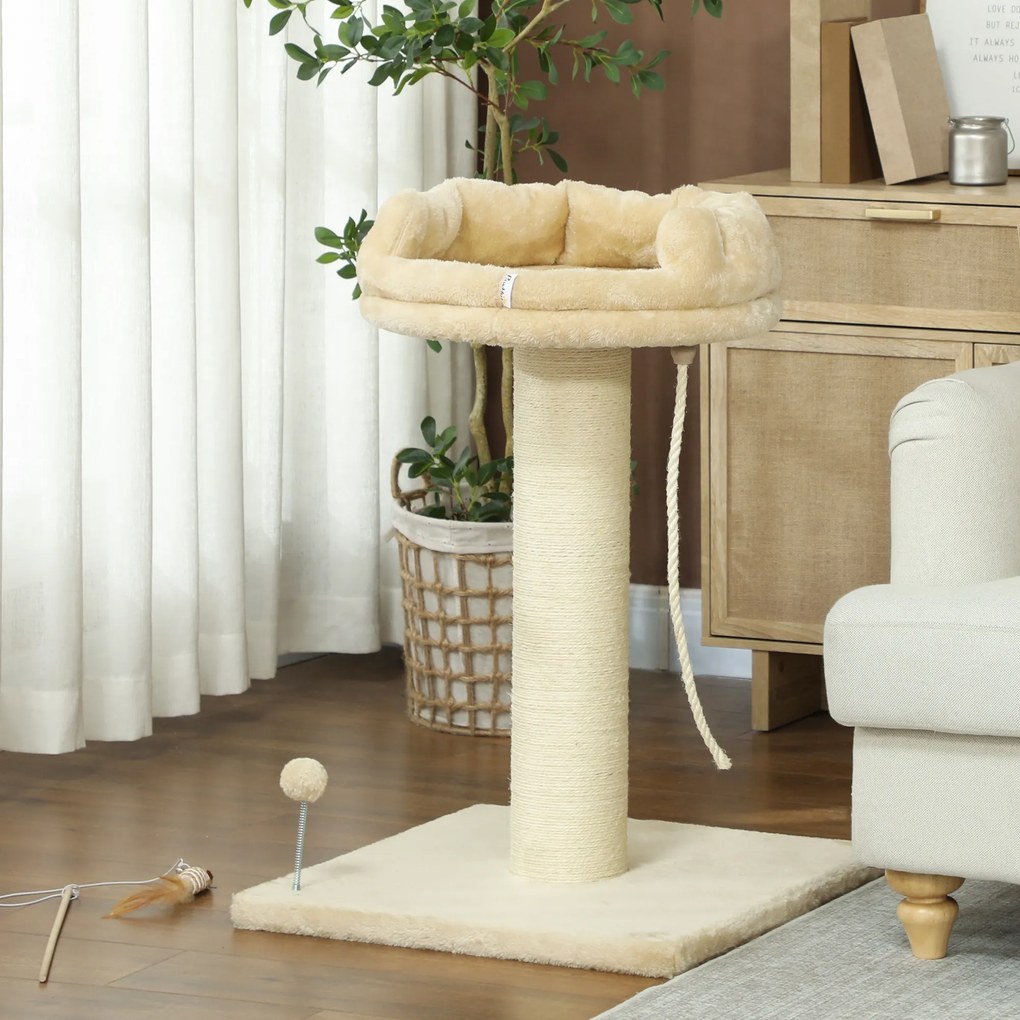 PawHut Copac Zgâriat pentru Pisici, Patut, Minge, Sfoară de Joacă, Plus și Sisal, 55x55x83cm, Beige | Aosom Romania