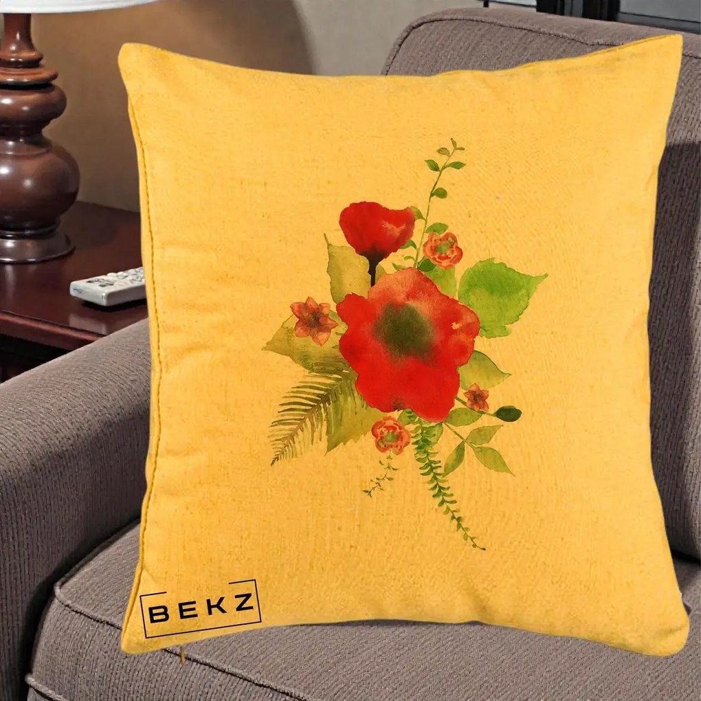 Perna Decorativa Buchet Rosu Acuarela, 40x40 cm, Galben, Husa Detasabila, Perna Inclusa, BEKZ®