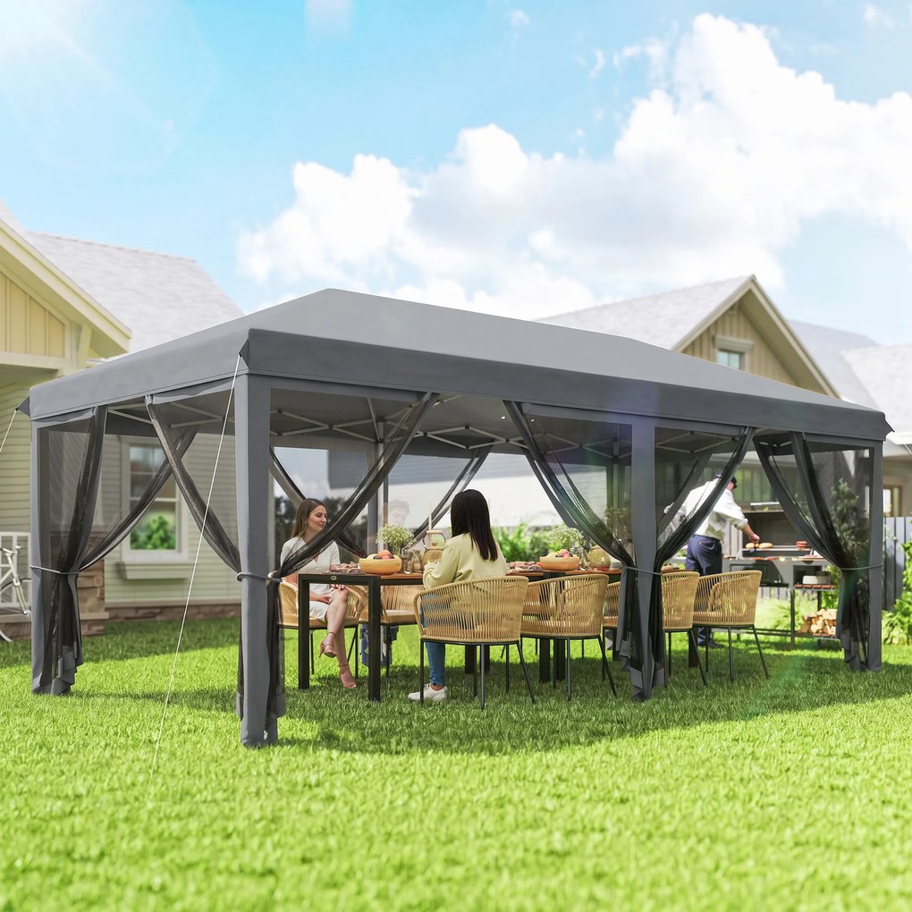 Outsunny Pergolă Pliabilă cu 6 Plase de Țânțari, Pergolă de Grădină cu Structură din Oțel, 591x295cm, Crem Alb | Aosom Romania