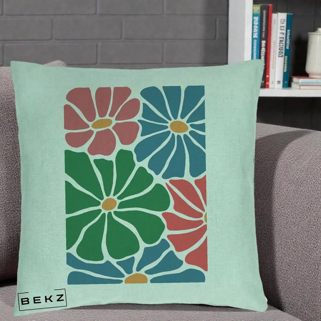 Perna Decorativa Flori Grafice Verde-Roz-Albastru, 40x40 cm, Verde Menta, Husa Detasabila, Perna Inclusa, BEKZ®