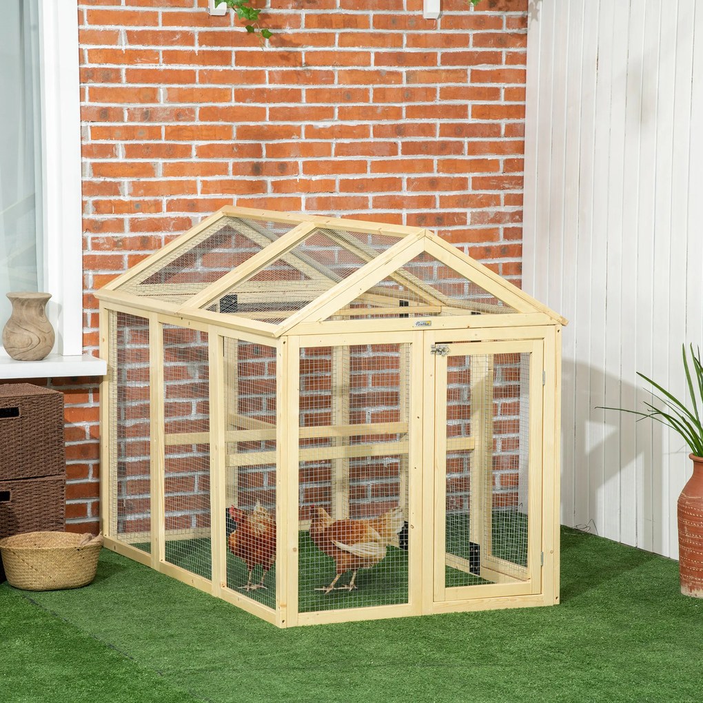 PawHut Adăpost pentru Găini de Exterior din Lemn, Cușcă cu Uși Multiple și Plasă Metalică, 140x88.5x106 cm, culoare Lemn | Aosom Romania
