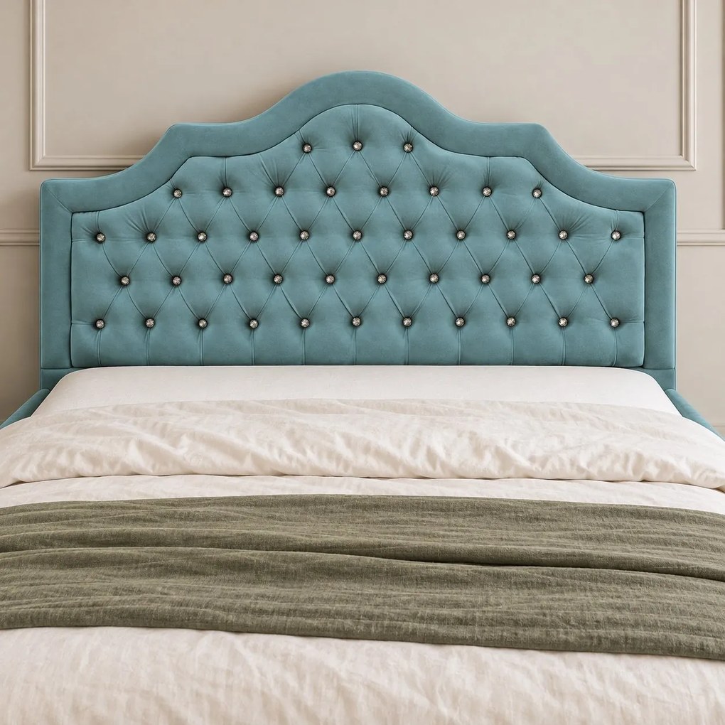 Pat tapițat Chesterfield din catifea Imperio Deluxe 180×200 cm, verde marin, cu ladă de depozitare