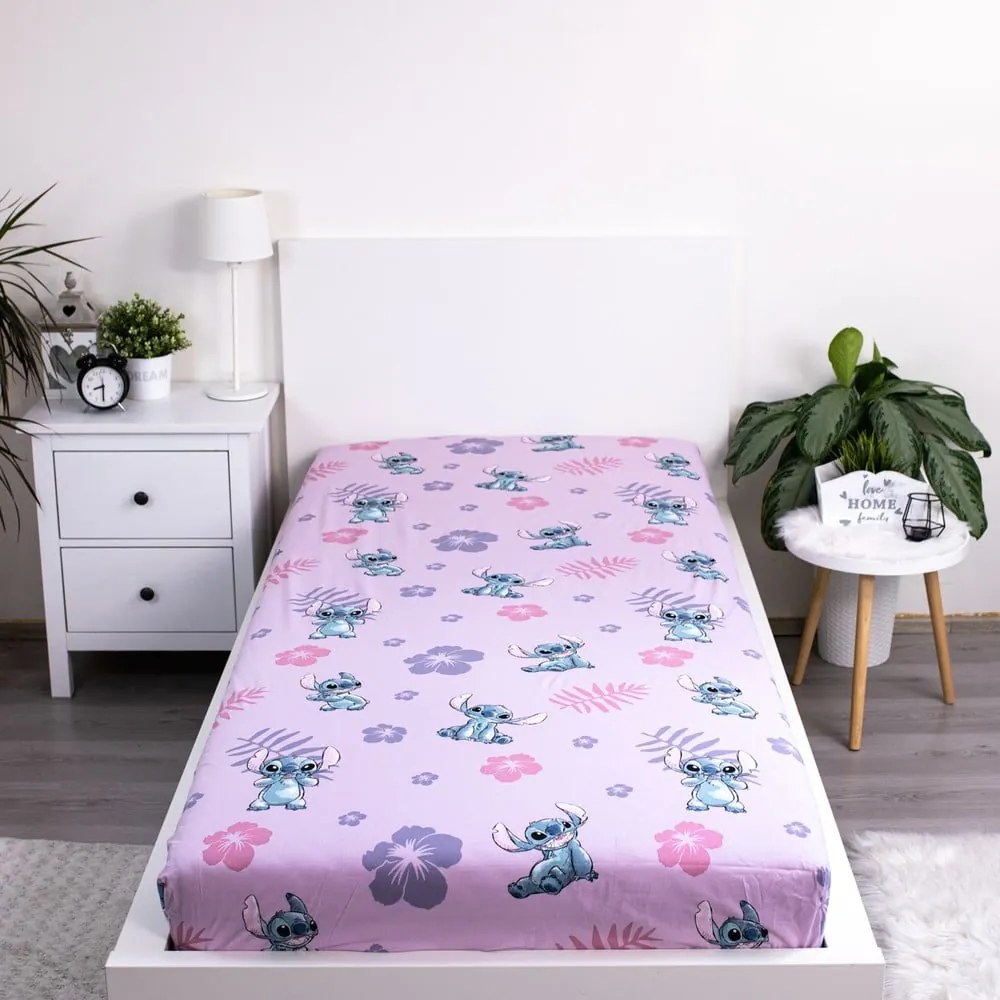 Cearceaf pentru copii din bumbac pentru pat de o persoană cu elastic 90x200 cm Lilo and Stitch – Jerry Fabrics