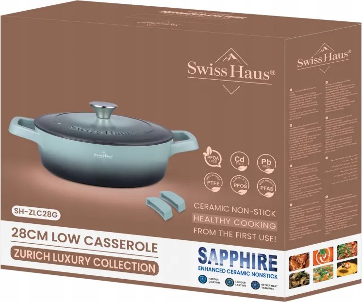 Oală joasă Swiss Haus Zurich Luxury Collection SH-ZLC28G, 28 cm, 4,2 l, acoperire ceramică Sapphire, cuptor până la 220 °C, inducție, mentă/grafit