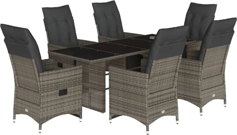 vidaXL Set bistro de grădină cu perne, 7 piese, gri, poliratan