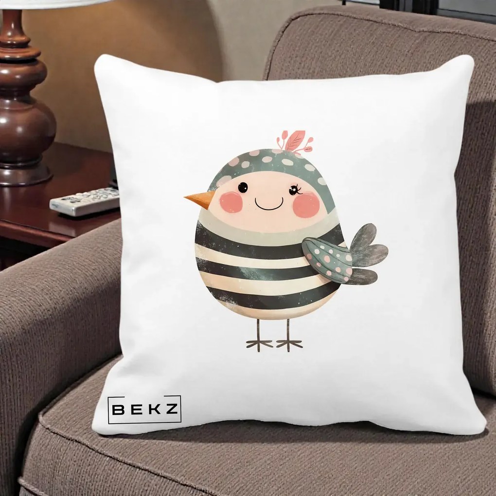 Perna Decorativa Pui Kawaii Teal cu Flori, 40x40 cm, Alba Mata, Husa Detasabila, Perna Inclusa, BEKZ®