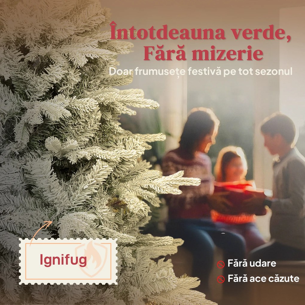HOMCOM Brad de Crăciun Înnăpezit Înalt de 180 cm cu Bază Metalică Pliabilă Verde | Aosom Romania