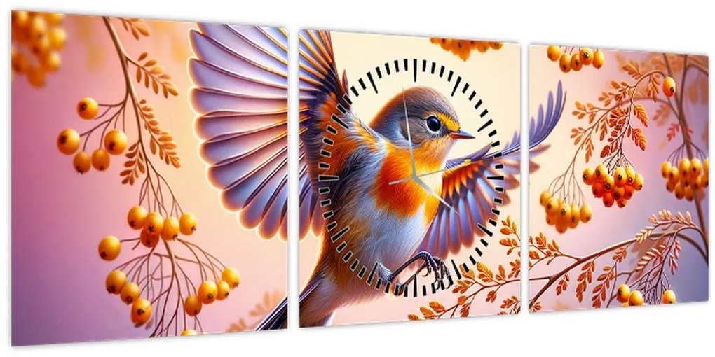 Tablou - Pasăre cu scoruș (cu ceas) (90x30 cm)