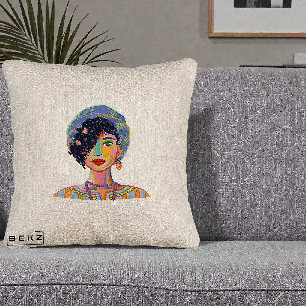 Perna Decorativa Portret Femeie Etnic Colorat, 40x40 cm, Bej Canapea, Husa Detasabila, Perna Inclusa, BEKZ®