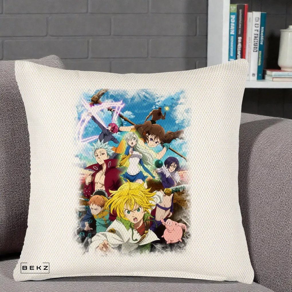 Perna Personalizata Nanatsu no Taizai Cele Sapte Pacate Mortale Anime, 40x40 cm, Crem Reliefat, Husa Detasabila, Perna Inclusa, BEKZ®