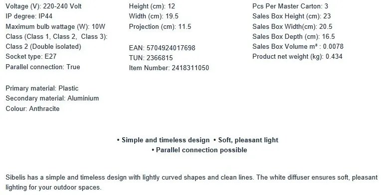 Aplica de exterior ambientala stil nordic IP44 Sibelis antracit