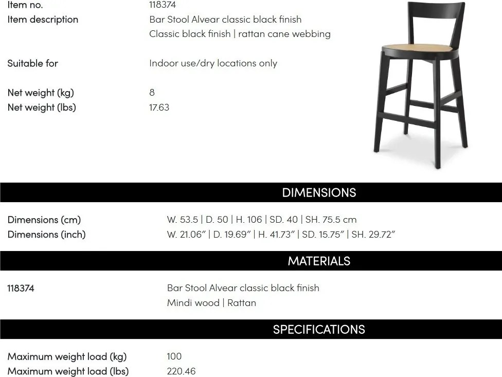 Scaun de bar LUX design clasic Alvear negru, ratan