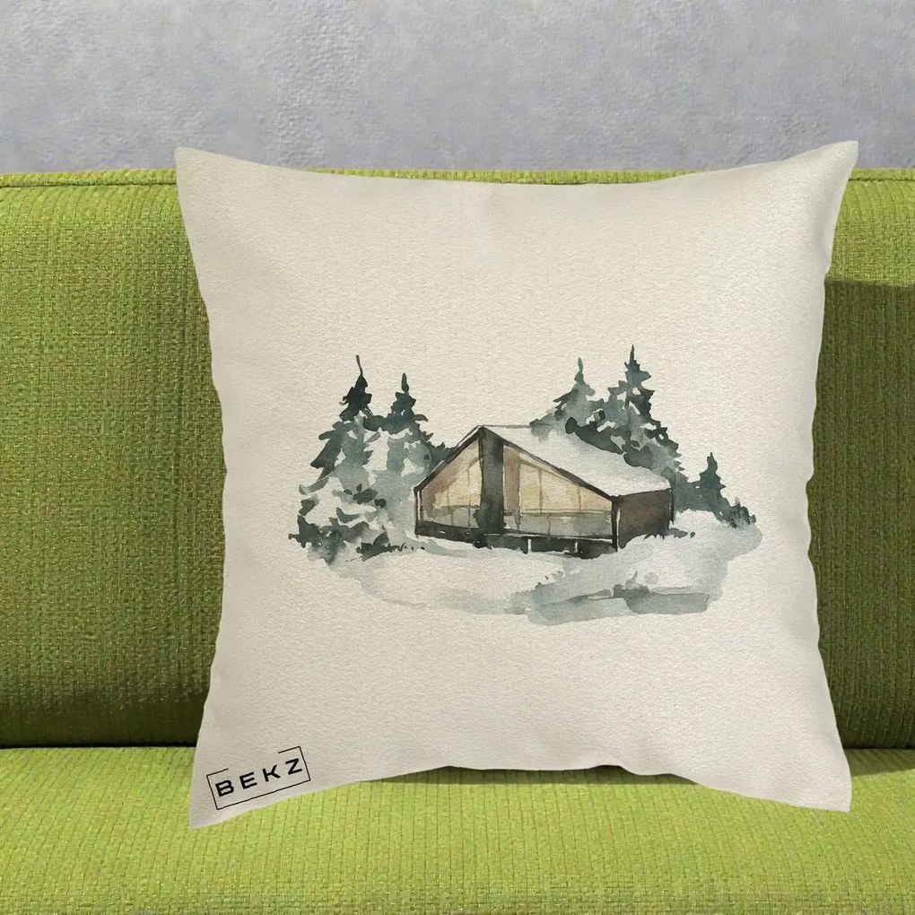 Perna Decorativa Cabana de Iarna in Padure, 40x40 cm, Ecru, Husa Detasabila, Perna Inclusa, BEKZ®