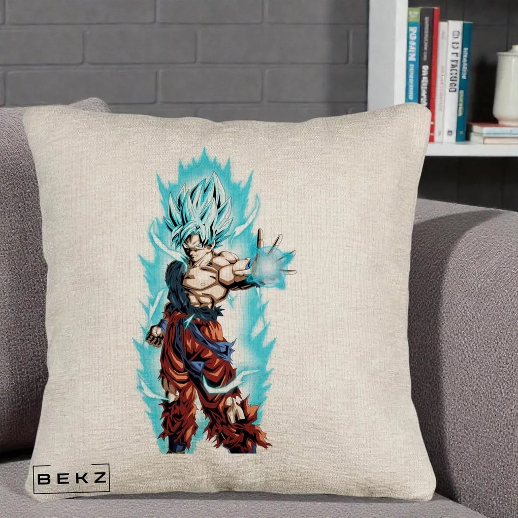 Perna Personalizata Dragon Ball Goku Ultra Instinct Blue, 40x40 cm, Bej Canapea, Husa Detasabila, Perna Inclusa, BEKZ®