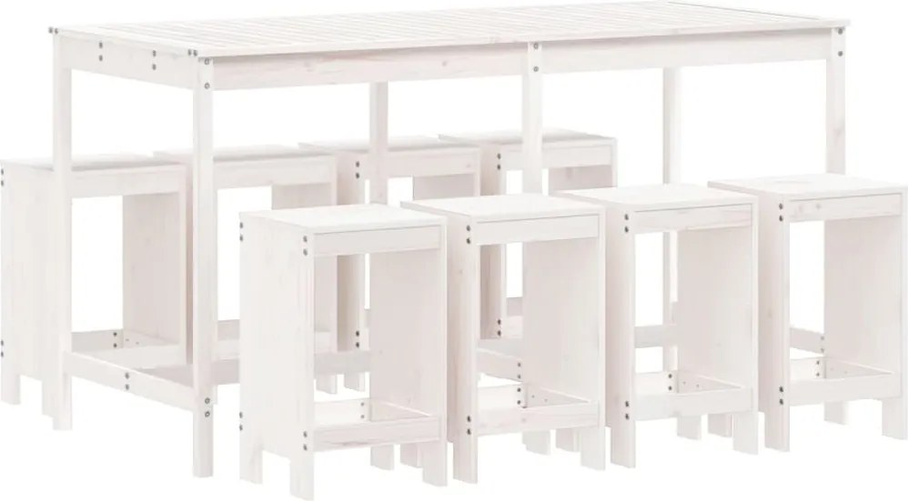 vidaXL Set bar de grădină, 9 piese, alb, lemn masiv de pin